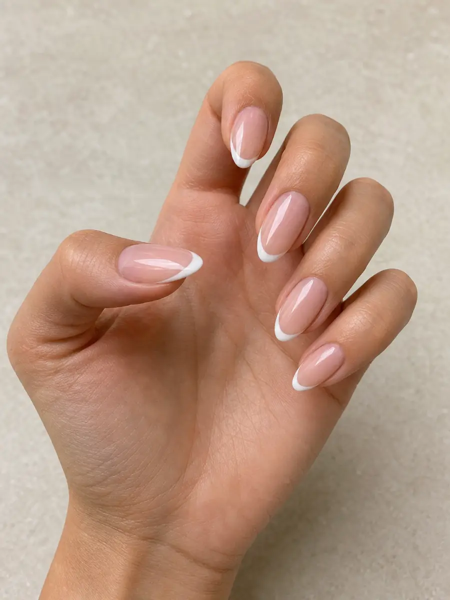 Classic Almond French Tips: medium almond, sheer blush base, thin white tips