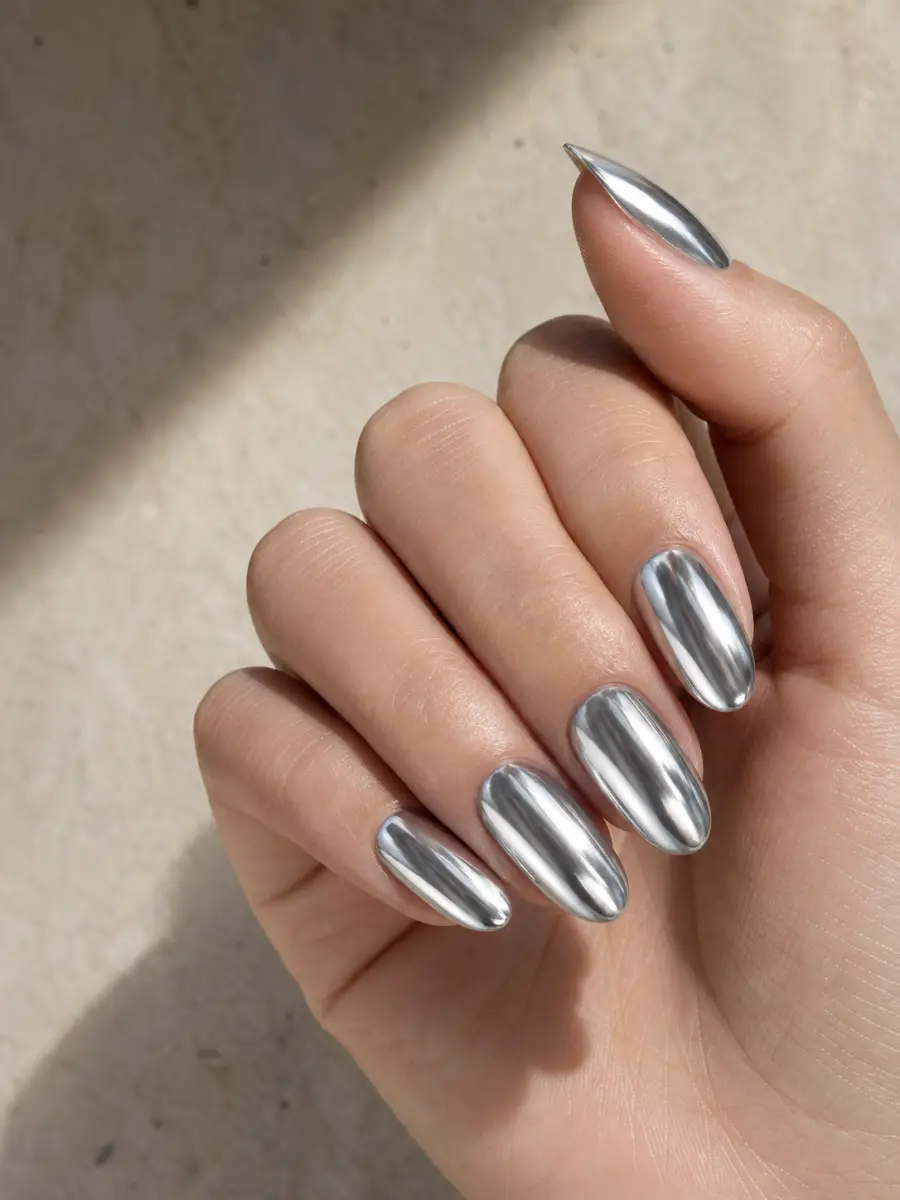 Silver Mirror Chrome Nails: medium almond, liquid silver mirror chrome