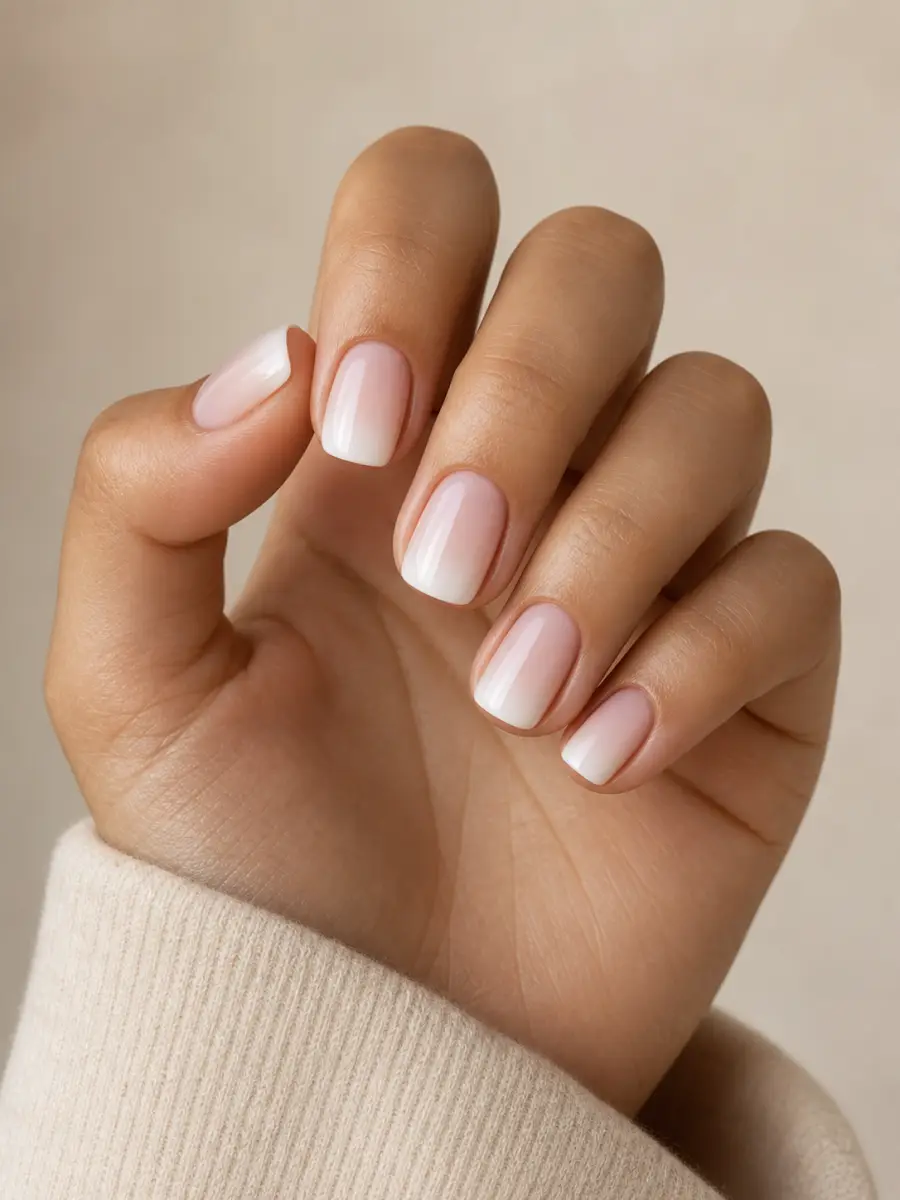 Nude White Ombre Nails: soft nude fading into milky white
