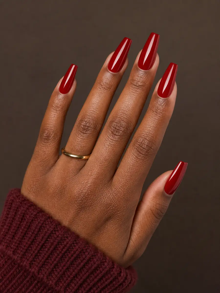 Classic Red Coffin Nails: long coffin, saturated red gloss, crisp flat tips