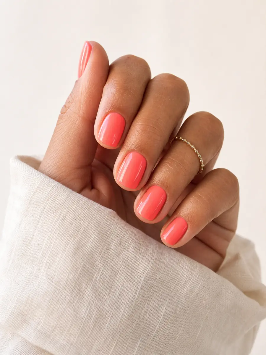 Coral Pink Summer Nails: short glossy coral pink, clean summer colour