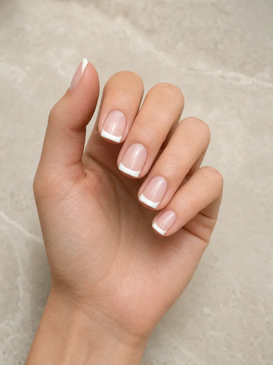 Classic Wedding Guest French Nails: short square, sheer nude base with white tips