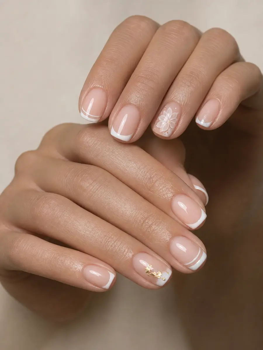 Classic White French Tips: short square, sheer pink base, white tip